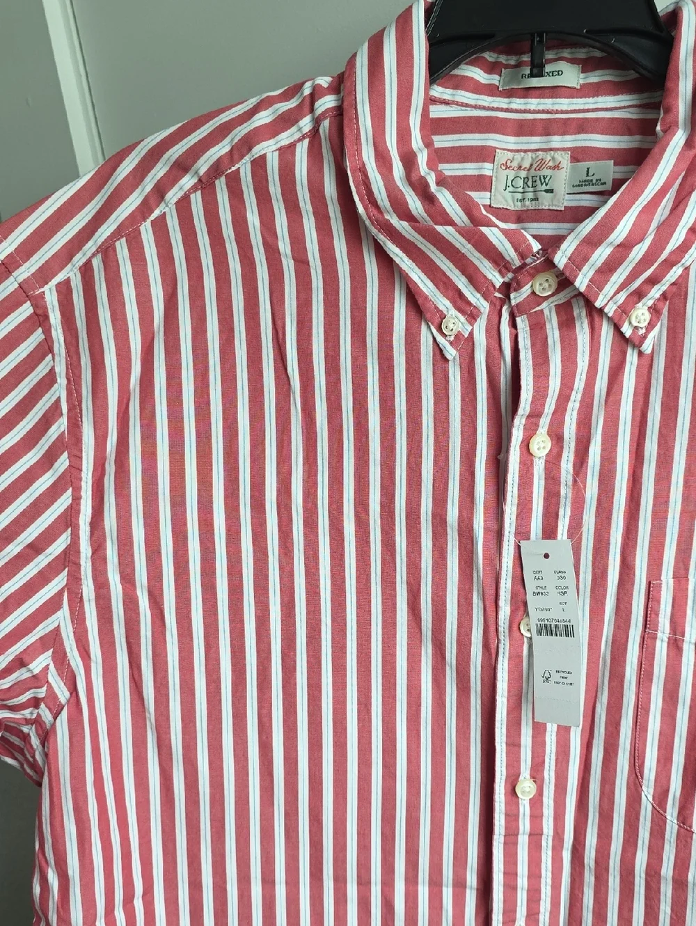 J. Crew Secret Wash Relaxed Striped Button-Down Shirt - Red & White Large G061